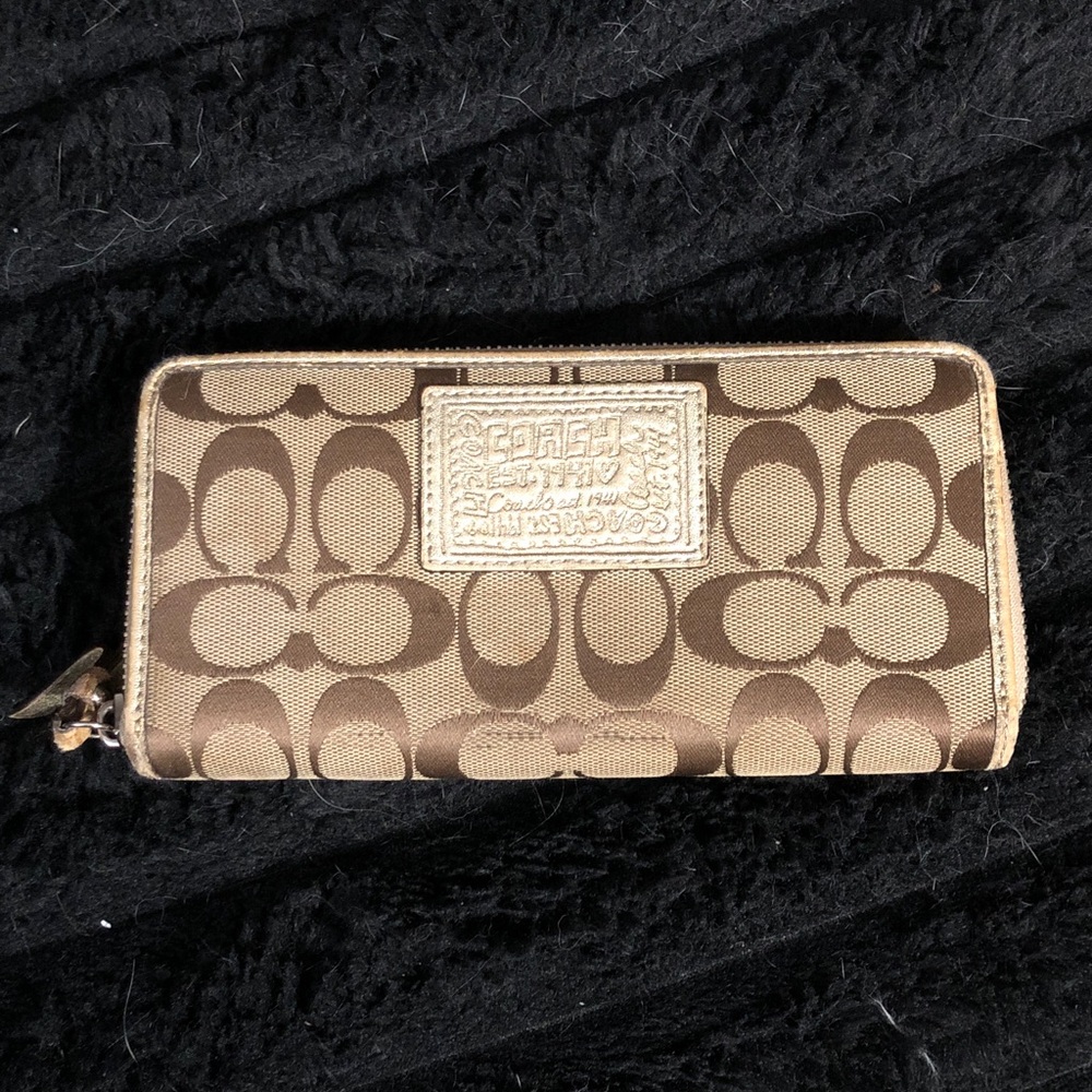 Coach Signature Brown and Tan Zip Wallet